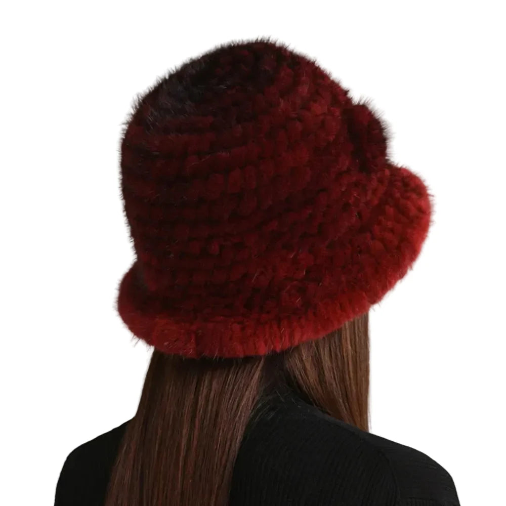 Winter Women Floral Natural Mink Fur Beanie Bucket Hat