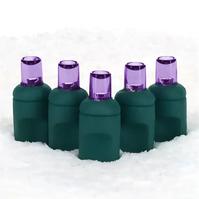 100 5mm Purple LED Christmas Lights, 4" Spacing, Green Wire
