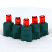 100 5mm Red LED Christmas Lights, 4" Spacing, Green Wire
