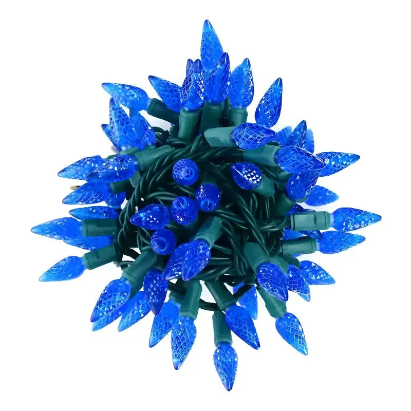 100 C6 Blue LED Christmas Lights, 4" Spacing, Green Wire