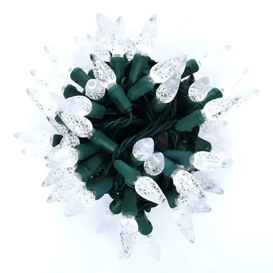 100 C6 Cool White LED Christmas Lights, 4" Spacing, Green Wire