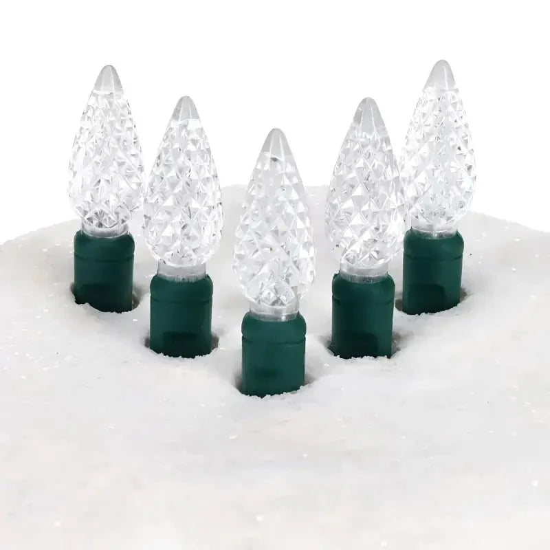 100 C6 Cool White LED Christmas Lights, 4" Spacing, Green Wire