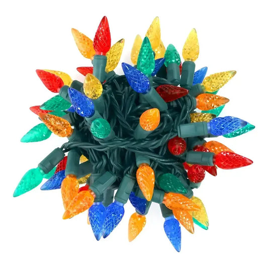100 C6 Multicolor LED Christmas Lights, 4" Spacing, Green Wire