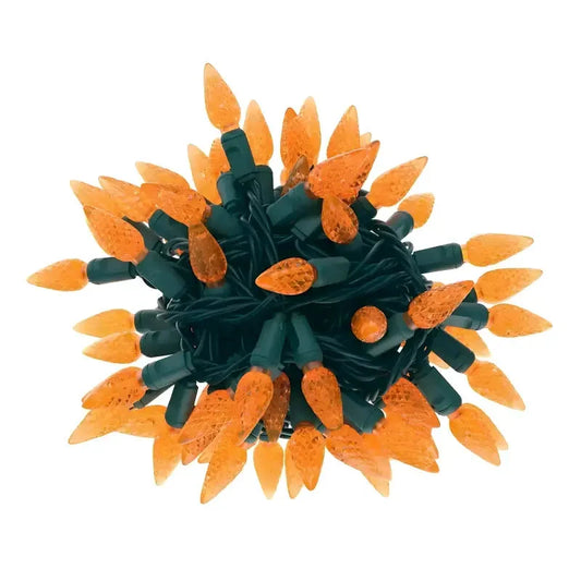 100 C6 Orange LED Christmas Lights, 4" Spacing, Green Wire
