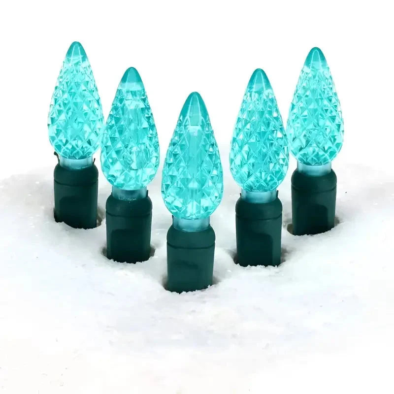 100 C6 Teal LED Christmas Lights, 4" Spacing, Green Wire