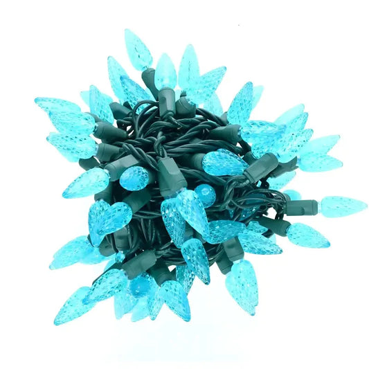 100 C6 Teal LED Christmas Lights, 4" Spacing, Green Wire