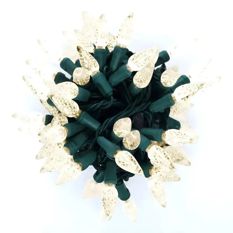100 C6 Warm White LED Christmas Lights, 4" Spacing, Green Wire