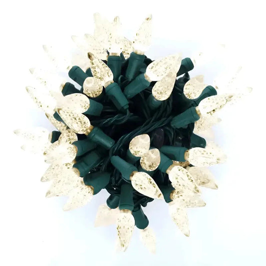 100 C6 Warm White LED Christmas Lights, 4" Spacing, Green Wire