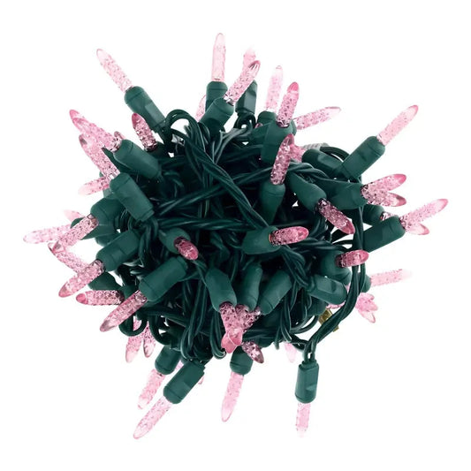 100 M5 Pink LED Christmas Lights, 4" Spacing, Green Wire