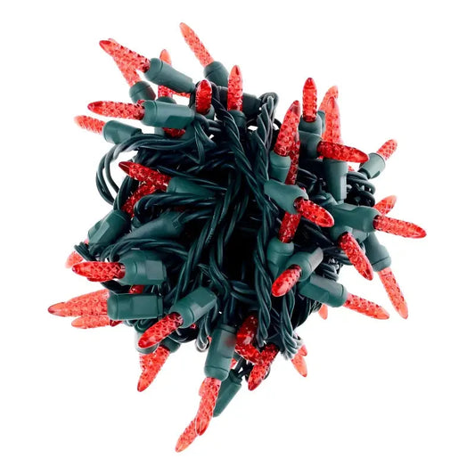 100 M5 Red LED Christmas Lights, 4" Spacing, Green Wire