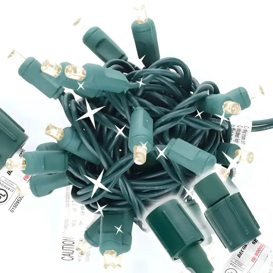 25 5mm Warm White Twinkle Commercial Co-Axial LED Christmas Lights, 4" Spacing, Green Wire [CLOSEOUT]