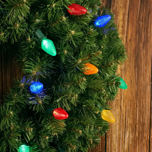 25 C7 Multicolor LED Christmas Lights, 8" Spacing, Green Wire [CLOSEOUT]