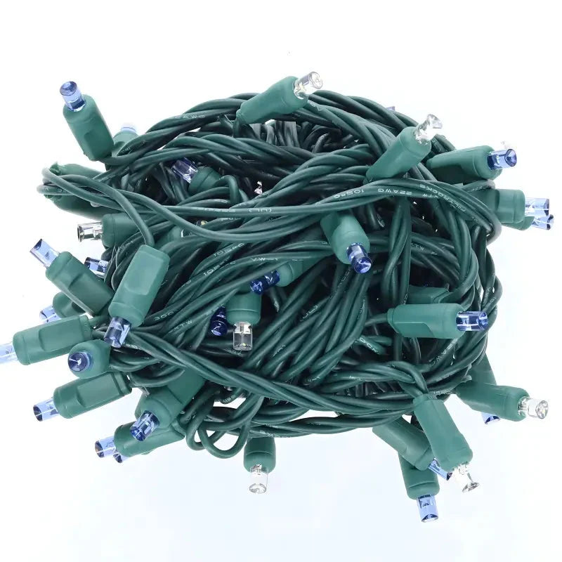 50 5mm Blue and Cool White Dazzle LED Strobe Christmas Lights, 6" Spacing, Green Wire
