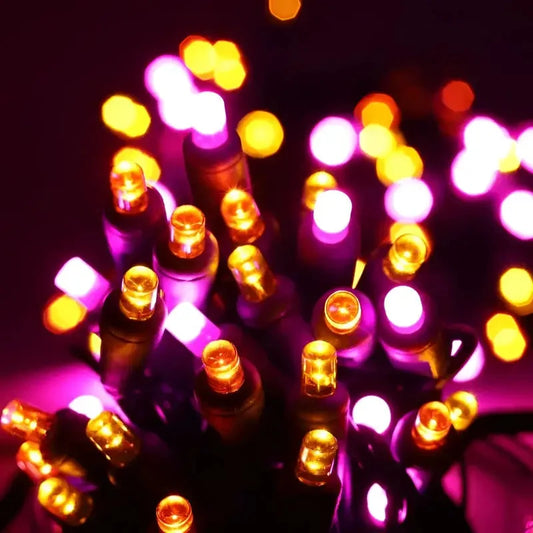50 5mm ColorCraft® Candy - Pink, Orange, and Gold LED Christmas Lights, 6" Spacing, Green Wire