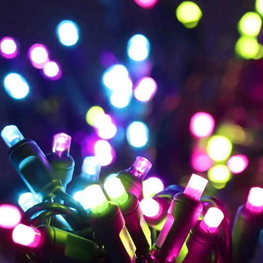 50 5mm ColorCraft® Gingerbread - Pink, Teal, Lime Green, and Purple LED Christmas Lights, 6" Spacing, Green Wire