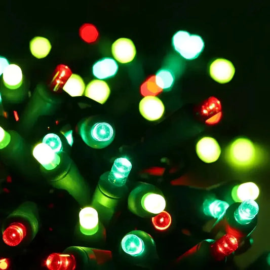 50 5mm ColorCraft® Holly - Green, Red, and Frosted Lime Green LED Christmas Lights, 6" Spacing, Green Wire