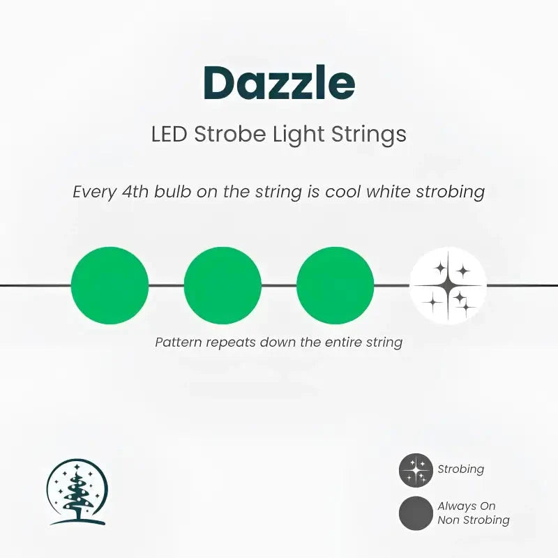 50 5mm Green and Cool White Dazzle LED Strobe Christmas Lights, 6" Spacing, Green Wire