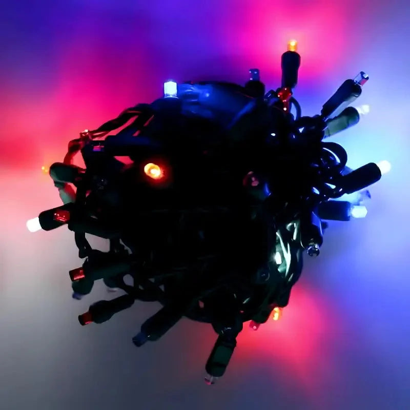 50 5mm Red, Cool White, and Blue SuperSpark® LED Strobe Christmas Lights, 6" Spacing, Green Wire