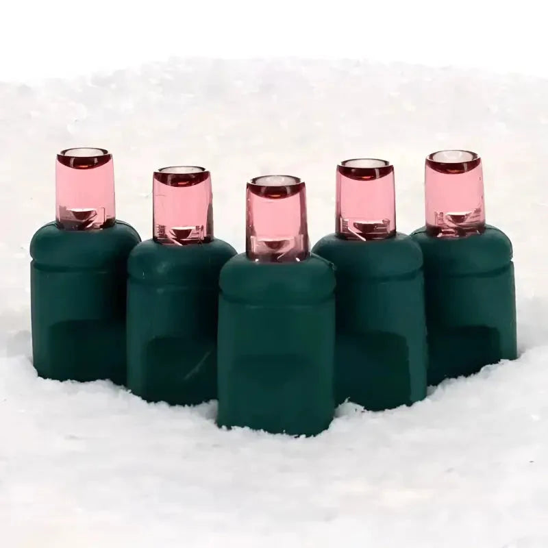 70 5mm Pink LED Christmas Lights, 4" Spacing, Green Wire
