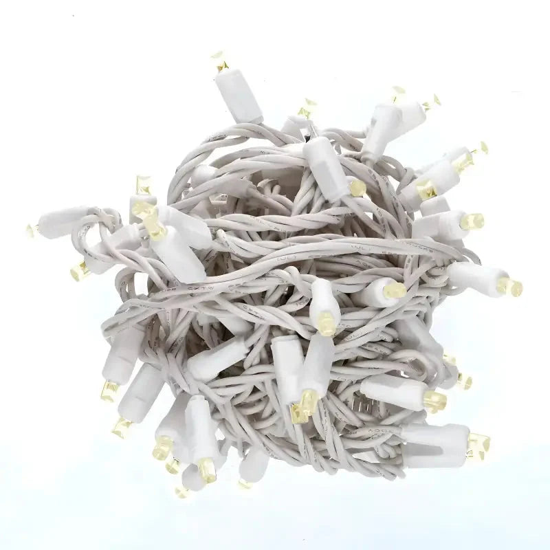 70 5mm Warm White LED Christmas Lights, 4" Spacing, White Wire