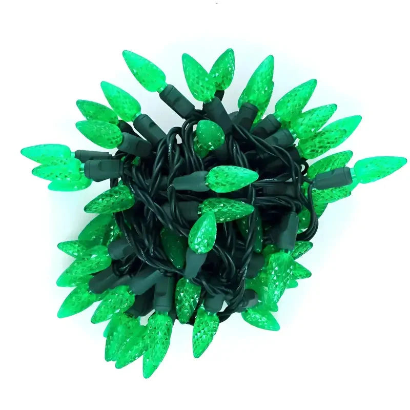 70 C6 Green LED Christmas Lights, 4" Spacing, Green Wire