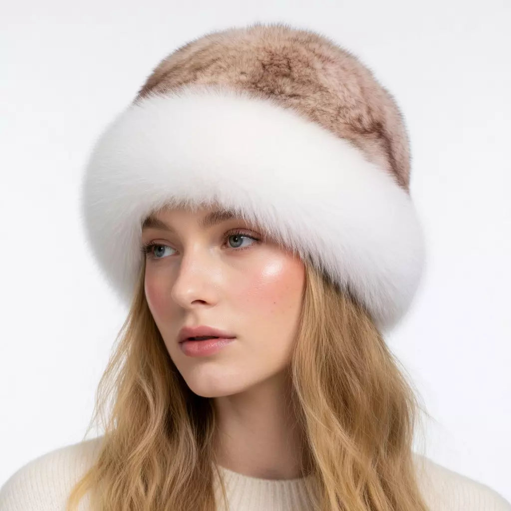 Bernadotte Woman Winter Natural Rabbit Fur Beanie Bucket Hat
