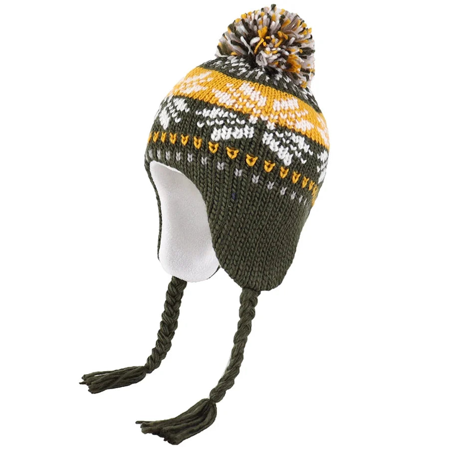 Christmas Kids Winter Earflaps Pom Pom Beanie