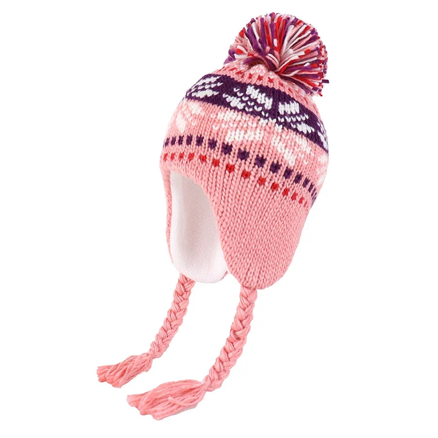 Christmas Kids Winter Earflaps Pom Pom Beanie