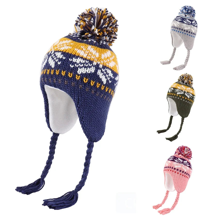 Christmas Kids Winter Earflaps Pom Pom Beanie