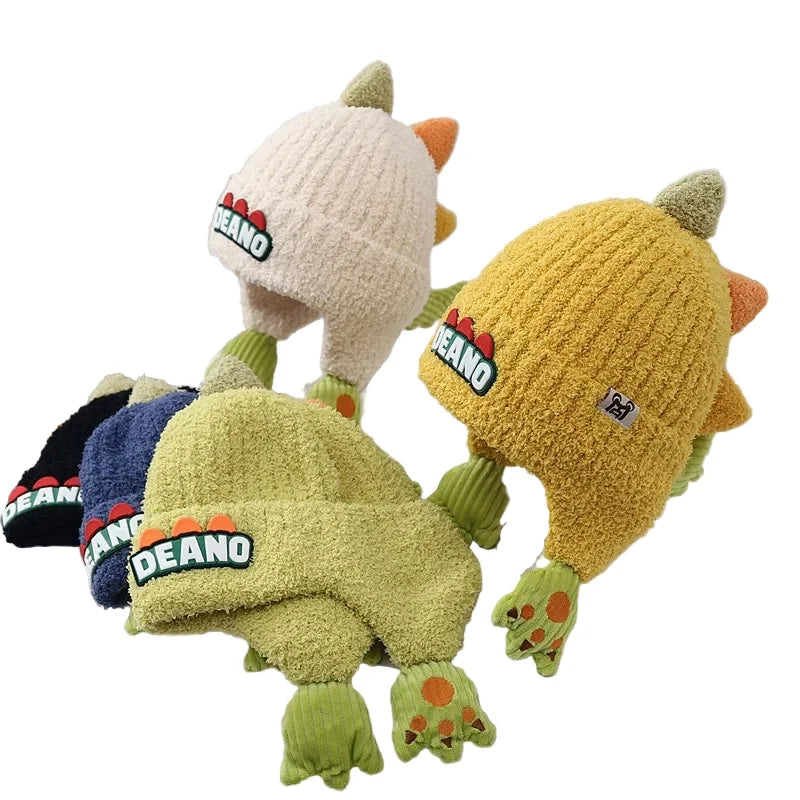 Deano The Dinosaur Kids Winter Knitted Earflaps Beanie