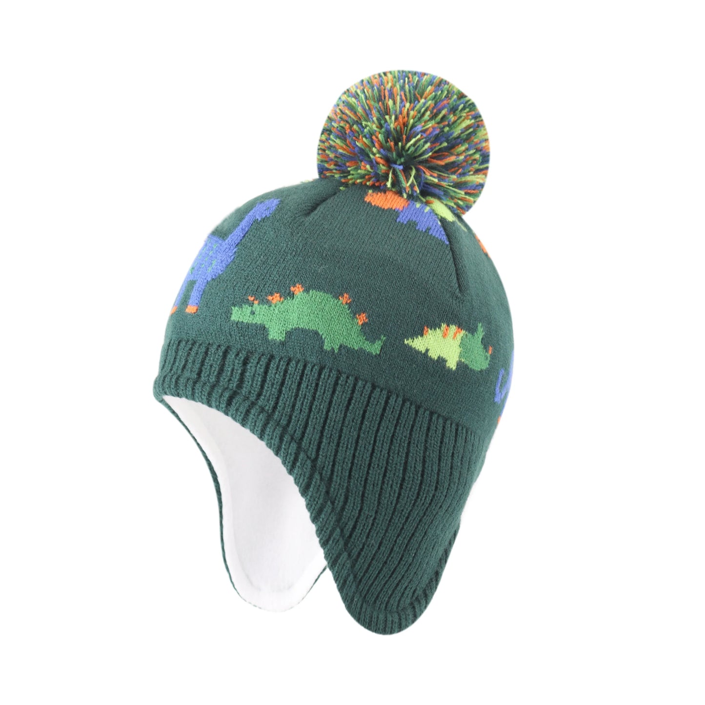Dinosaurs Kids Winter Earflaps Pom Pom Beanie