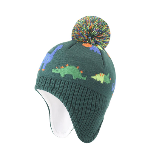Dinosaurs Kids Winter Earflaps Pom Pom Beanie