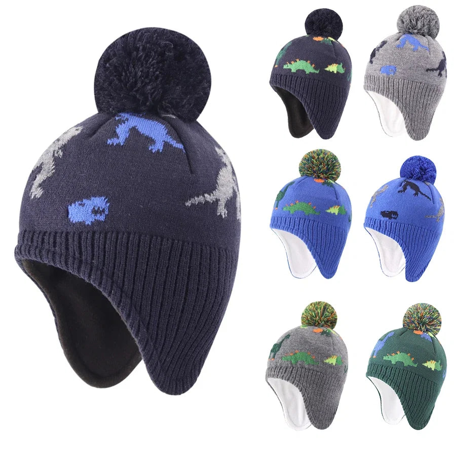 Dinosaurs Kids Winter Earflaps Pom Pom Beanie