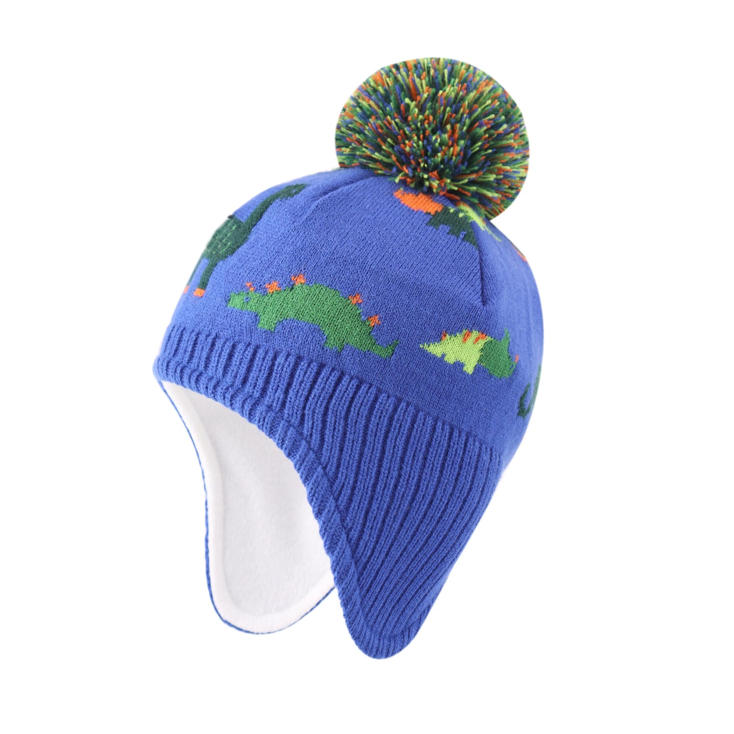 Dinosaurs Kids Winter Earflaps Pom Pom Beanie