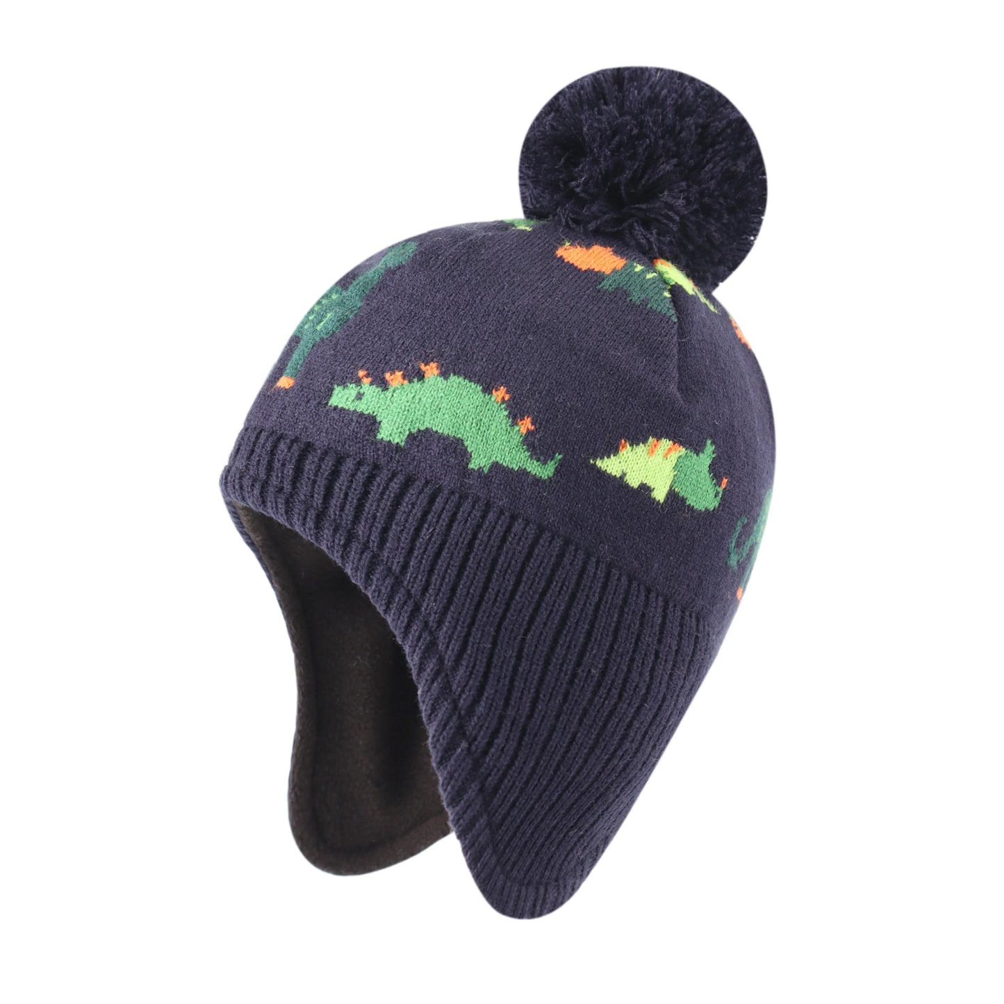 Dinosaurs Kids Winter Earflaps Pom Pom Beanie