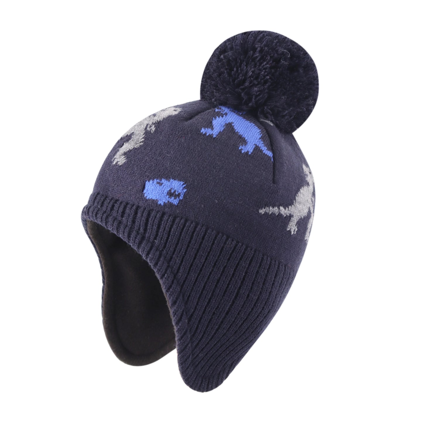 Dinosaurs Kids Winter Earflaps Pom Pom Beanie
