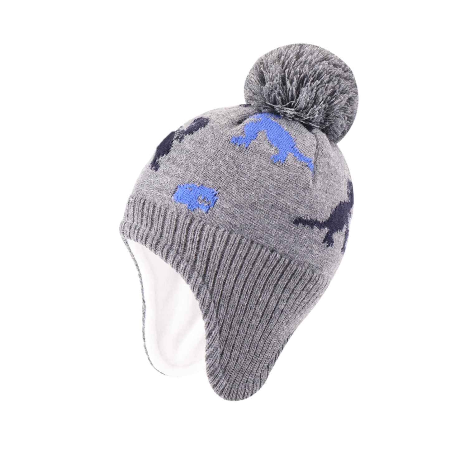 Dinosaurs Kids Winter Earflaps Pom Pom Beanie