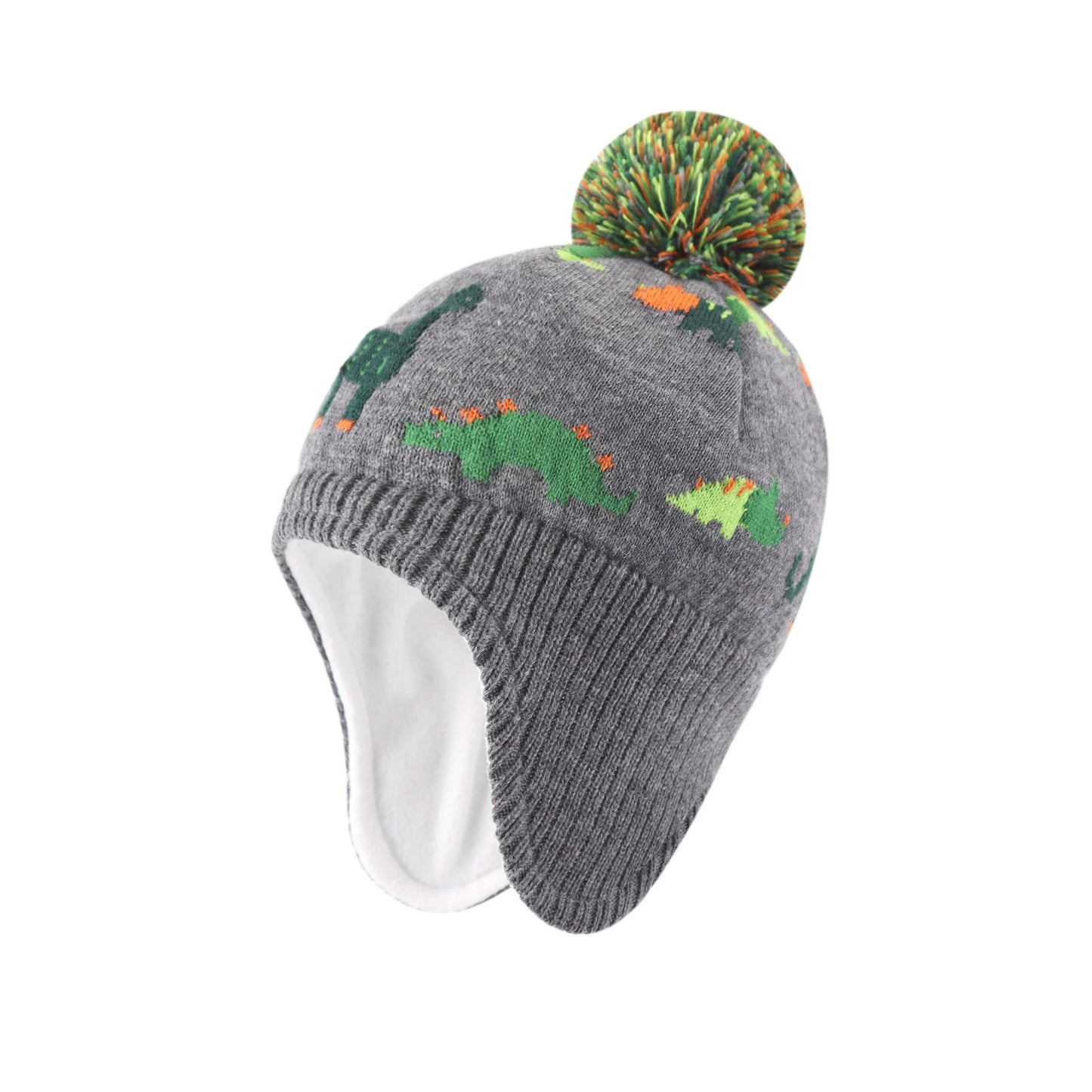 Dinosaurs Kids Winter Earflaps Pom Pom Beanie