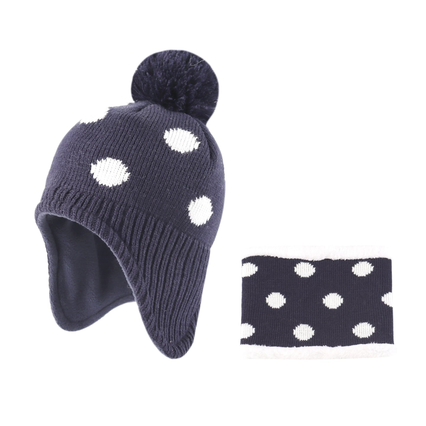 Kids Winter Dotted Earflaps Pom-Pom Beanie