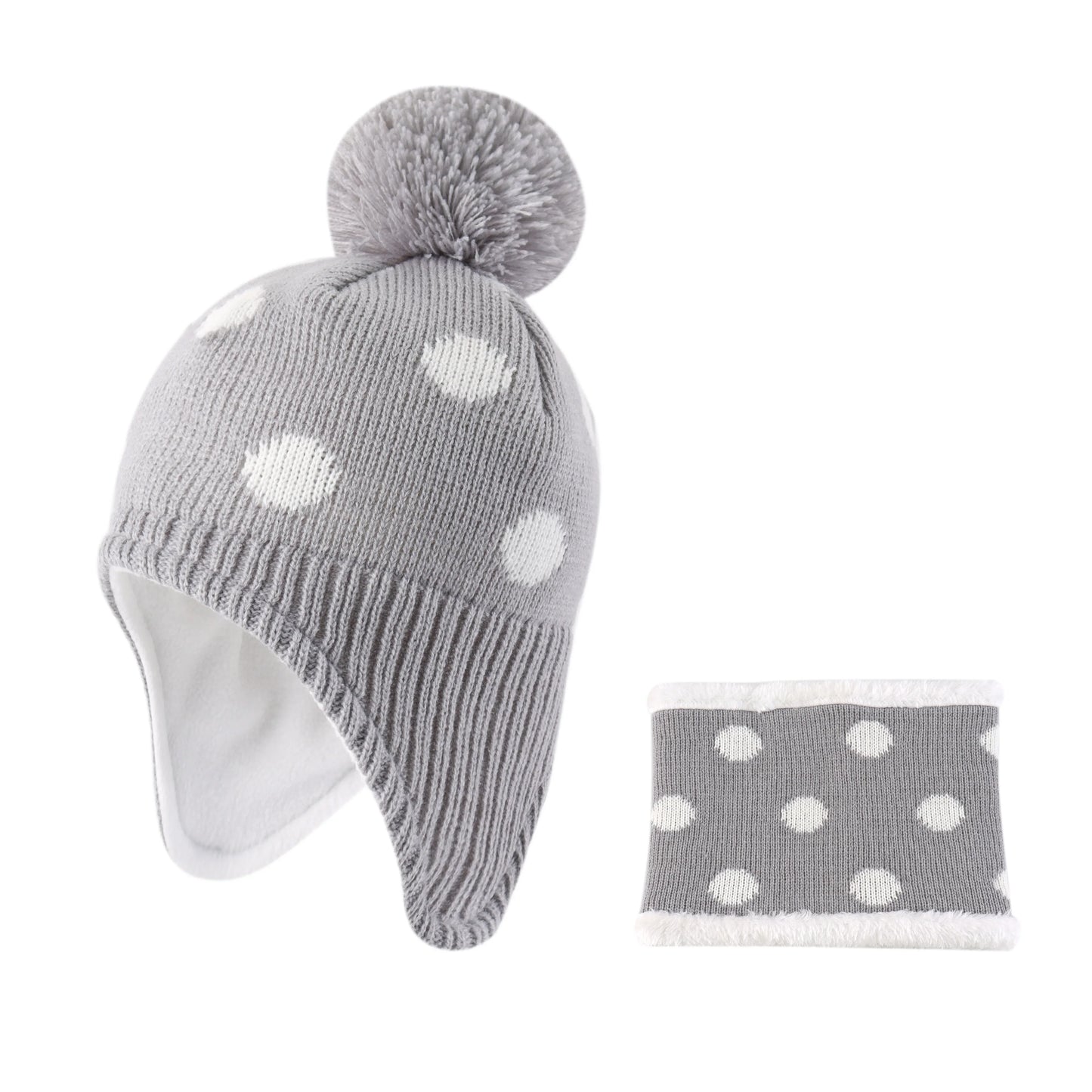Kids Winter Dotted Earflaps Pom-Pom Beanie