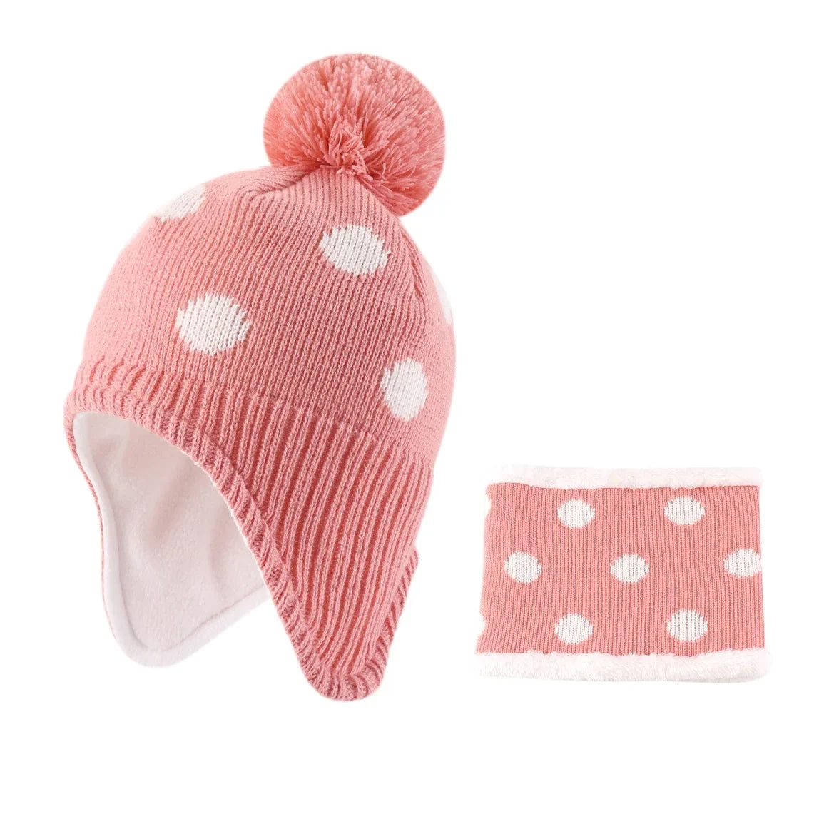 Kids Winter Dotted Earflaps Pom-Pom Beanie