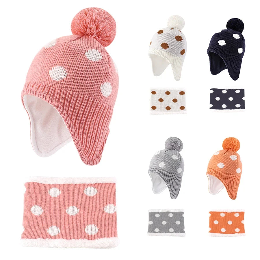Kids Winter Dotted Earflaps Pom-Pom Beanie