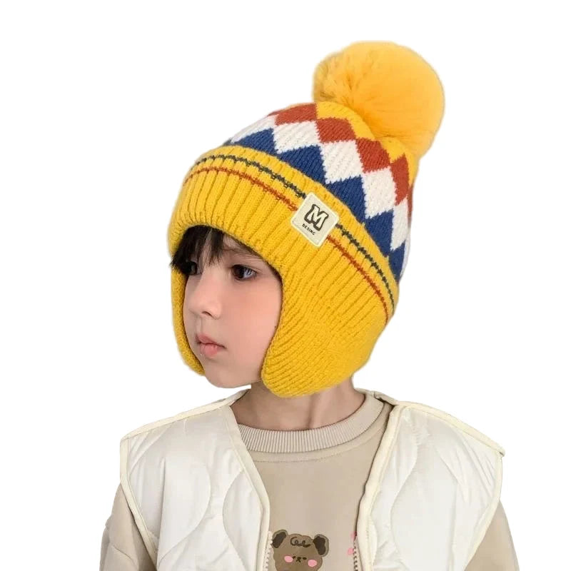 Kids Winter Rhombus Pom-Pom Earflaps Beanie