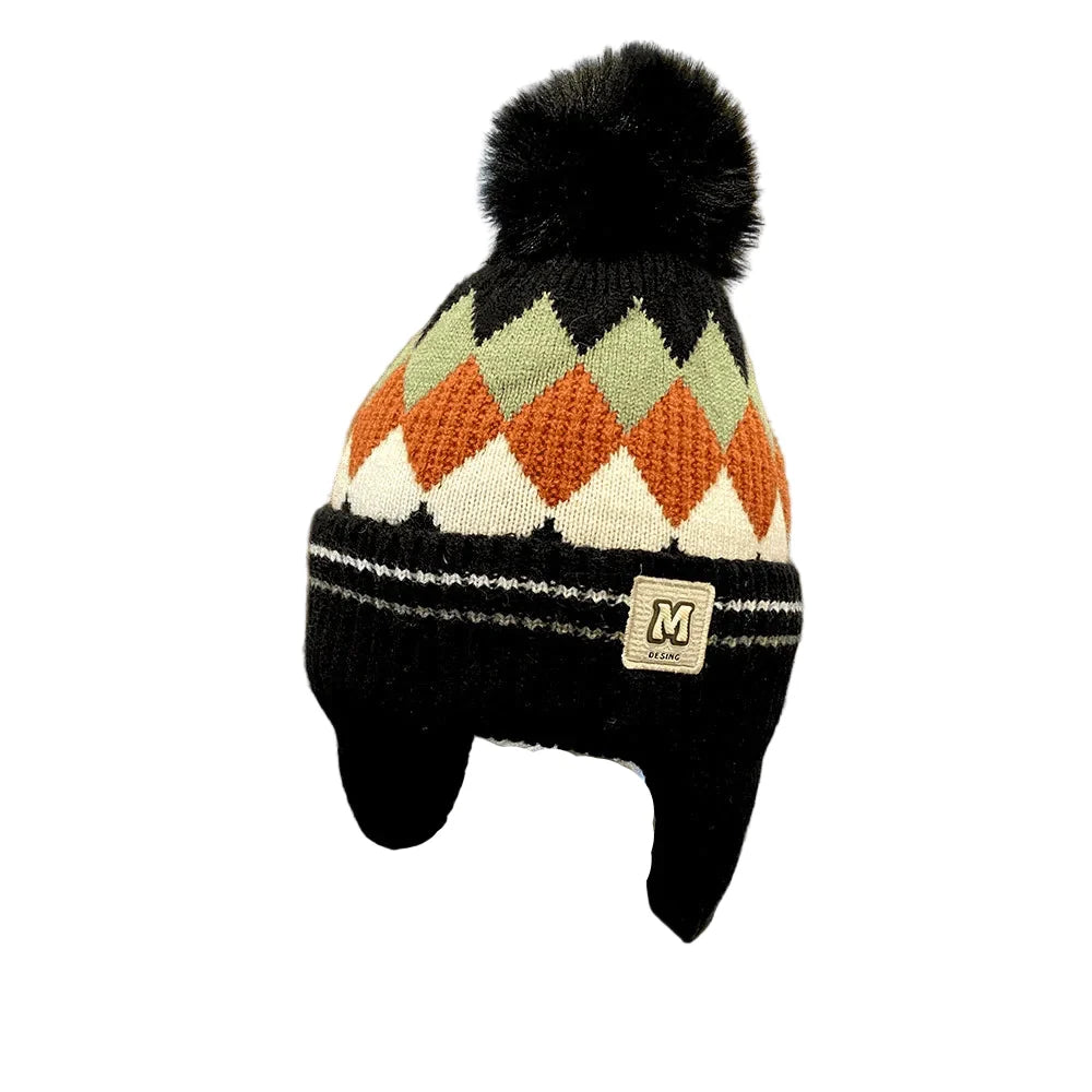 Kids Winter Rhombus Pom-Pom Earflaps Beanie