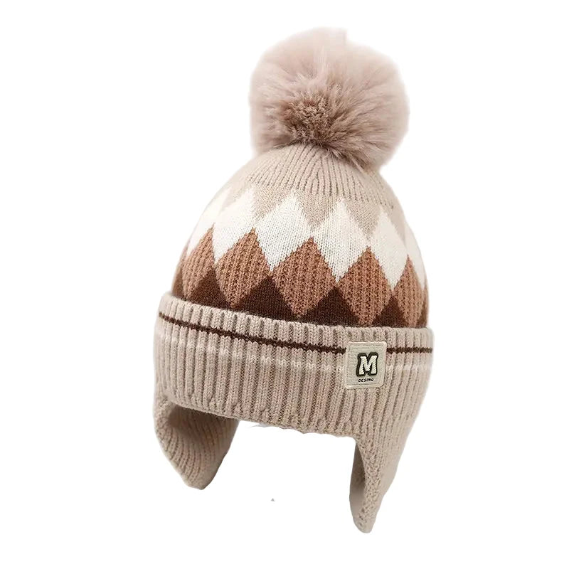 Kids Winter Rhombus Pom-Pom Earflaps Beanie