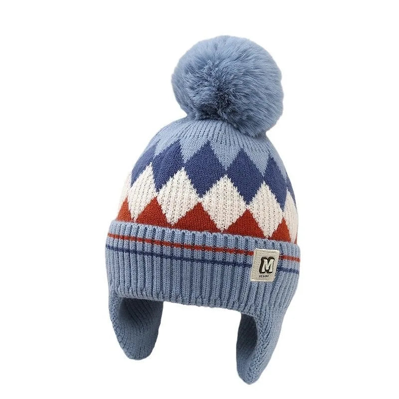Kids Winter Rhombus Pom-Pom Earflaps Beanie