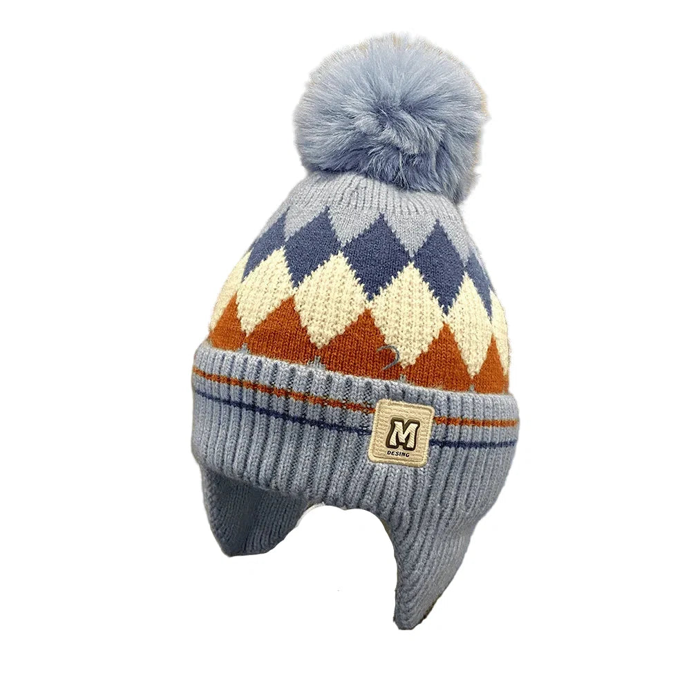 Kids Winter Rhombus Pom-Pom Earflaps Beanie