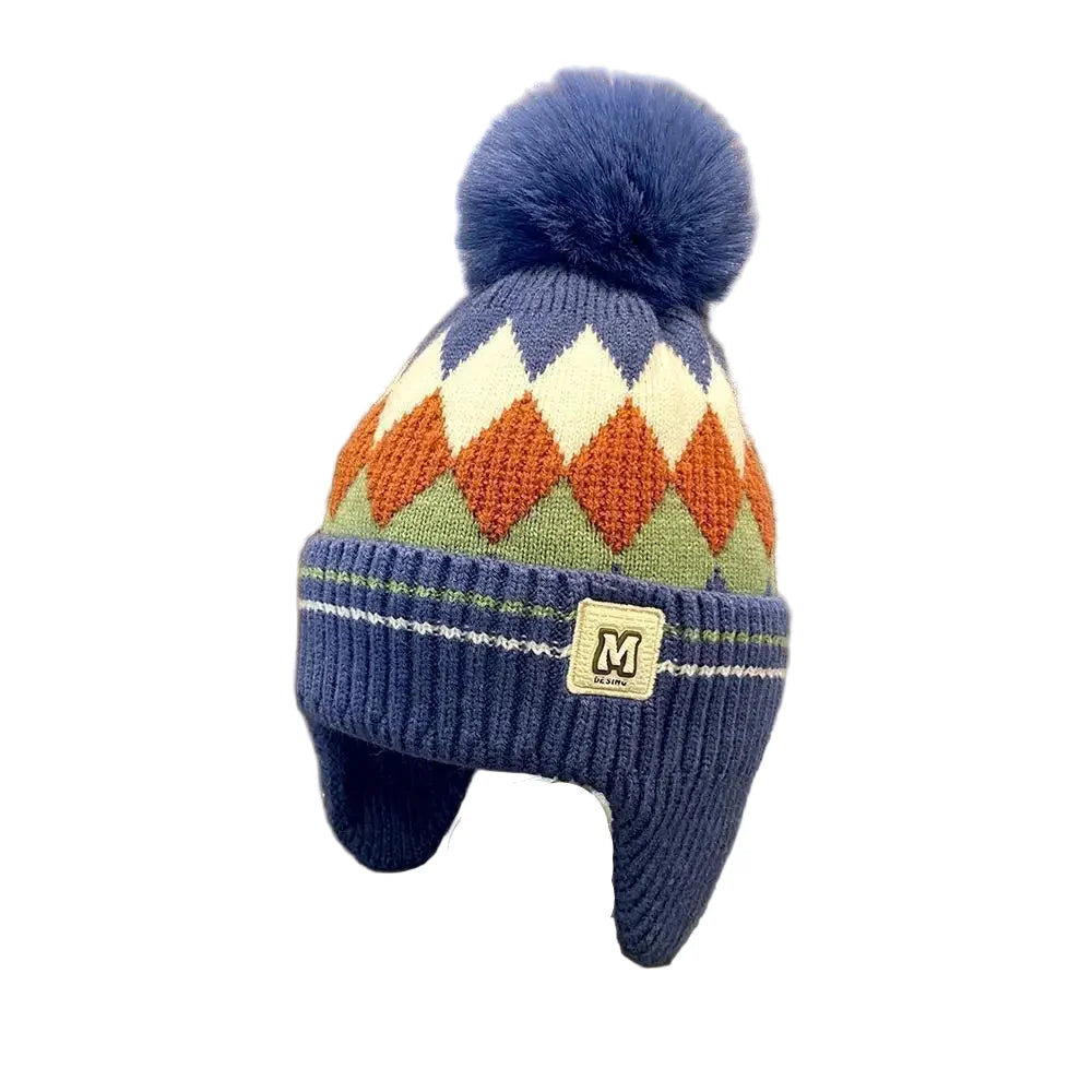 Kids Winter Rhombus Pom-Pom Earflaps Beanie