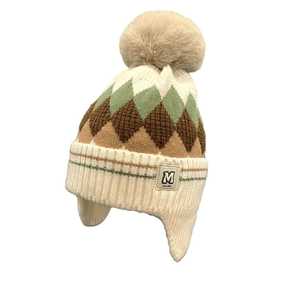 Kids Winter Rhombus Pom-Pom Earflaps Beanie
