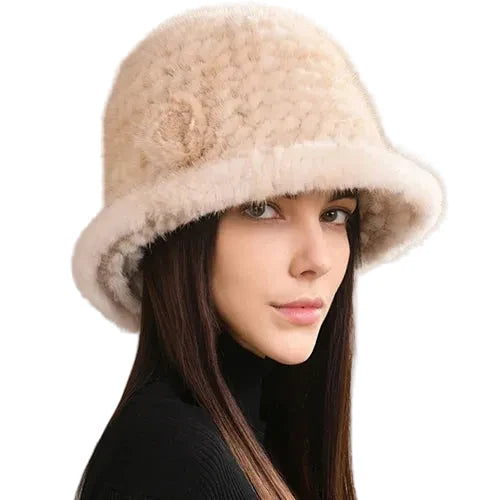 Winter Women Floral Natural Mink Fur Beanie Bucket Hat